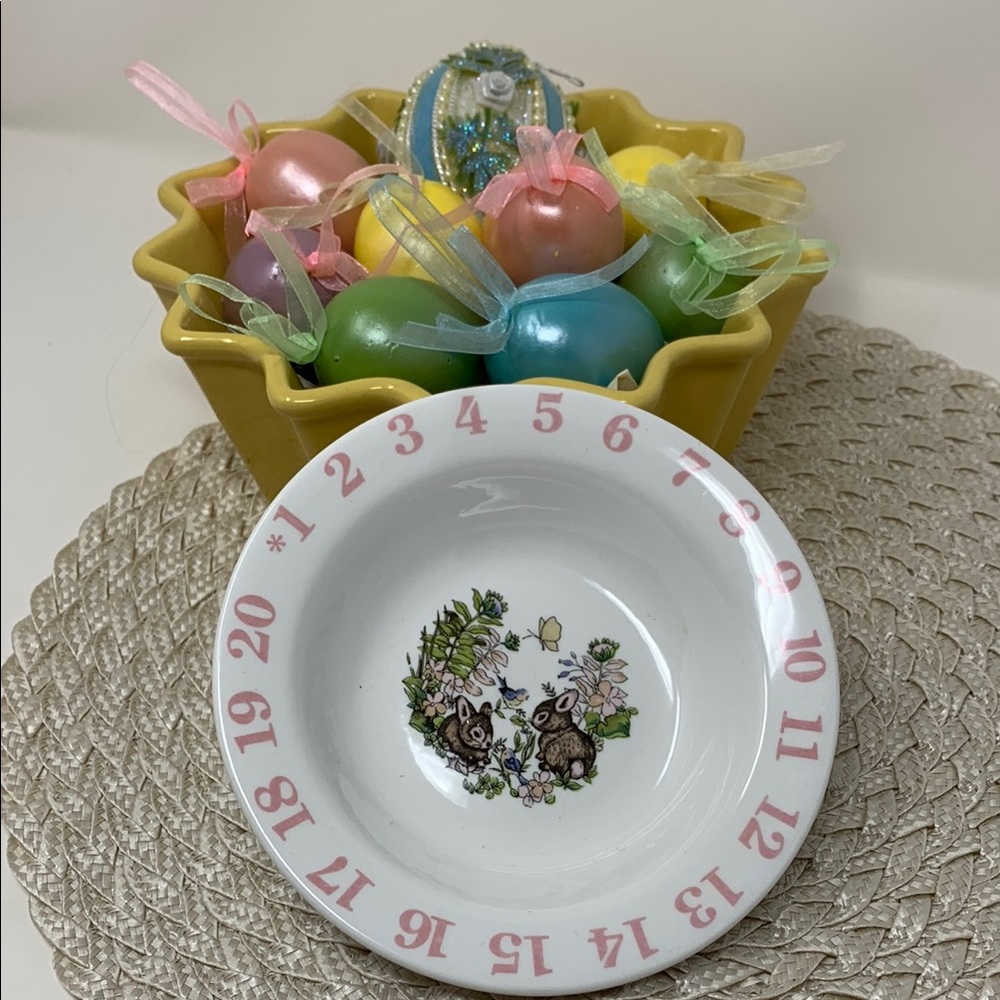 White Bowl with Pink Numbers and Bunny Design